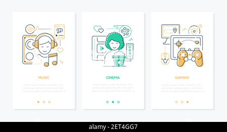 Hobbies - vector line design style web banners with copy space for text. Music, cinema, gaming illustrations. People listening to audio in earphones, Stock Vector