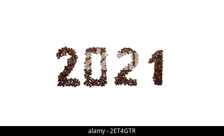 2021 laid out from coffee beans on a white background. christmas coffee house concept Stock Photo