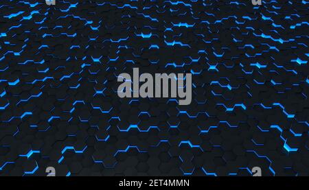 Clear pattern abstract background hexagon black and blue, wallpaper futuristic in perspective, tech space, illustration render Stock Photo