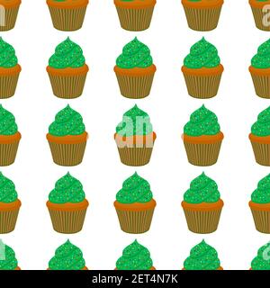 Illustration on theme Irish holiday St Patrick day, seamless green muffins. Pattern St Patrick day consisting of many identical muffins on white backg Stock Vector