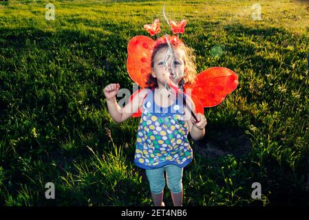 Smiling girl standing in a meadow wearing a fairy costume, Poland Stock Photo