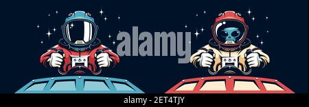Alien astronaut in spacesuit driving flying saucer. Stock Vector