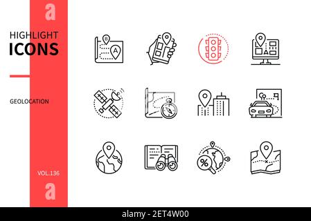 Geolocation - modern line design style icons set. Navigation system and route mobile app idea. Traffic, gps navigator, satellite, position, geotag, ge Stock Vector