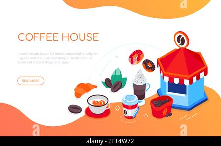 Coffee house - modern colorful isometric web banner with copy space for text. Cafe with hot beverages or shop idea. Latte, cappuccino, to go hot drink Stock Vector
