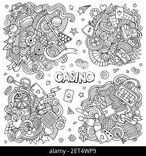 Casino cartoon vector doodle designs set. Line art detailed compositions with lot of gambling objects and symbols. All items are separate Stock Vector