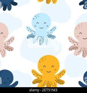 Cute octopus seamless pattern with underwater animals isolated on white background. Hand drawn Scandinavian style vector illustration. Stock Vector