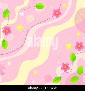 Rpund spring sale banner. Leaves and flowers on abstract pink line background. Fashion discount poster template. Can be used as retail promorion Stock Vector