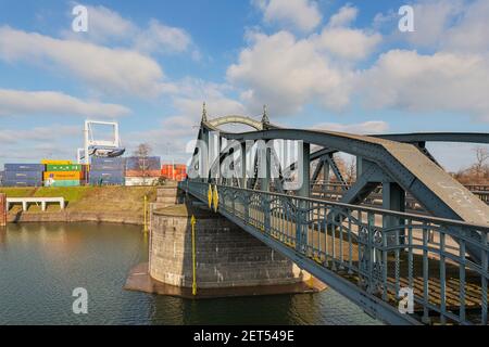 Krefeld-Close-up View to Turn-Bridge, was built in 1905 in the Art Nouveau style when the Rhine harbor was built in Linn, North Rhine Westphalia, Germ Stock Photo