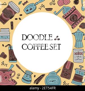Big set of hand drawn coffee and tea doodles. A set of isolated vector drawings for tea drinking and making all kinds of coffee. A set of isolated Stock Vector