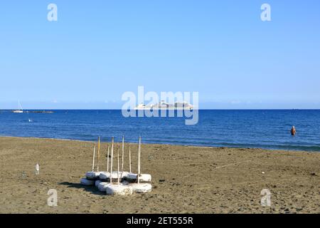 October 03 2020 - Limassol/Cyprus: Cruise ships anchored in front of the harbour waiting for the Covid-19 pandemic to the end Stock Photo