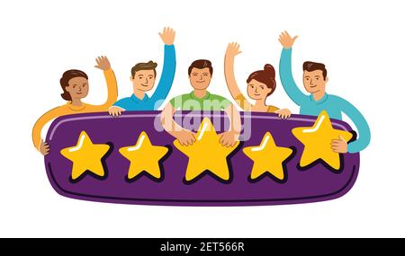 Group of people giving a five star rating. Good feedback concept vector illustration flat style Stock Vector