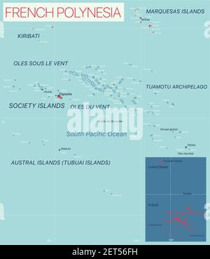 French Polynesia detailed editable map with cities and towns, geographic sites. Vector EPS-10 file Stock Vector