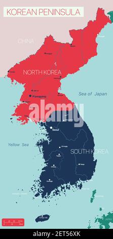 KOREAN PENINSULA detailed editable map with regions cities and towns, geographic sites. Vector EPS-10 file Stock Vector