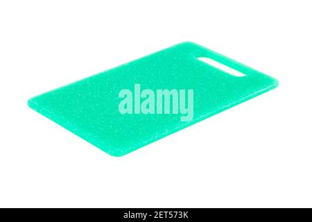 Green plastic cutting board isolated on white background. Stock Photo