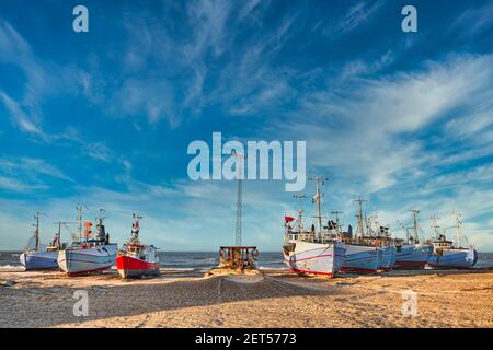 Coastal fishing boats vessels at Thorup beach in Western Denmark Stock Photo