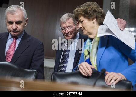 UNITED STATES - DECEMBER 4: From left, ranking member Sen. Jack Reed, D-R.I., Chairman James Inhofe, R-Okla., and Sen. Jeanne Shaheen, D-N.H., attend a Senate Armed Services Committee confirmation hearing in Dirksen Building on December 4, 2018. Lt. Gen. Kenneth F. McKenzie, USMC, nominee to serve as General and Commander, U.S. Central Command, and Lt. Gen. Richard D. Clarke, U.S. Army, nominee to serve as General and Commander, U.S. Special Operations Command, testified. (Photo By Tom Williams/CQ Roll Call)