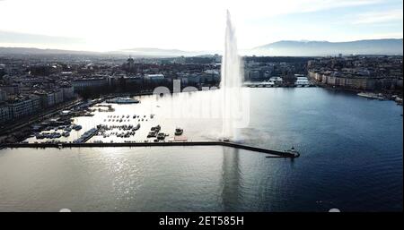Drone view of Geneva and its Jet d'Eau, Switzerland. Vue aérienne de Genève, Suisse Stock Photo