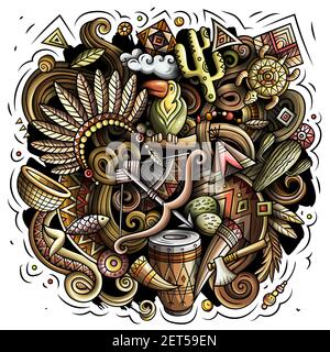 Native American cartoon vector doodle design. Colorful detailed composition with lot of ethnic objects and symbols. All items are separate Stock Vector