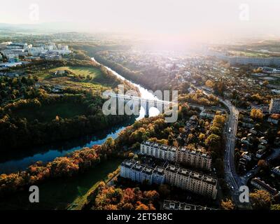 Aerial view of Butin's bridge, Geneva, Switzerland. Vue aérienne du pont Butin, Genève, Suisse. Stock Photo