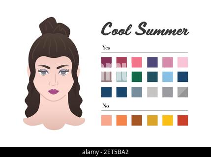 12 seasons Color types for woman - Cool Summer type. Perfect color for your wardrobe. Do and do not colors in 12 season analysis Stock Vector