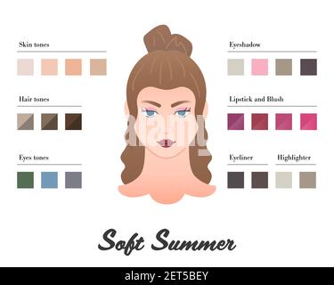 Women Color types analysis - Soft Summer type. Characteristics of colortype and best palette for make up. Perfect tones of lipstick Stock Vector