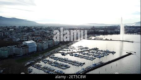 Drone view of Geneva and its Jet d'Eau, Switzerland. Vue aérienne de Genève, Suisse Stock Photo