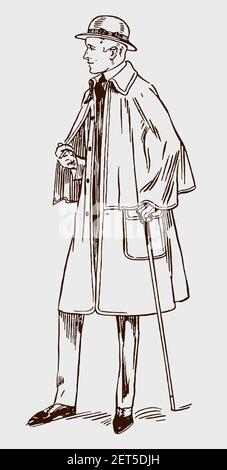 Standing man from the early 20th century wearing inverness cape overcoat and hat, holding walking stick Stock Vector