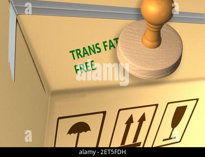 3D illustration of TRANS FAT FREE stamp title on a merchandise carton Stock Photo