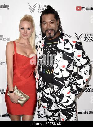 LOS ANGELES - DECEMBER 6: Presenters Sunny Sulijic and Christopher Judge  appear onstage at the 2018 Game Awards at the Microsoft Theater on December  6, 2018 in Los Angeles, California. (Photo by