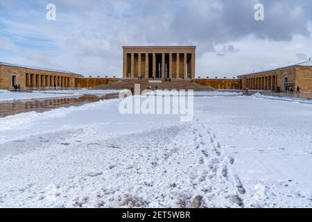 Ankara, Turkey - January 16 2021: Tourists visit Anitkabir (Ataturk's mausoleum) after snowing in winter time. Stock Photo