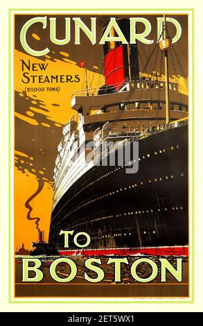 Vintage 1920s CUNARD CRUISE SHIP LINER POSTER  New Steamers 20,000 tons STEAMSHIP  BOSTON TO EUROPE lithograph Poster in colour, printed by James Haworth & Bro. Ltd., London Walter Thomas (1894-1971) Walter Thomas (1894-1971) Cunard to Boston, original poster  1912 Stock Photo