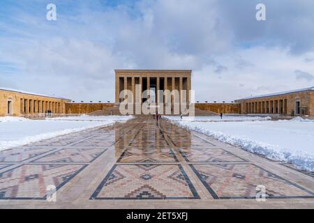 Ankara, Turkey - January 16 2021: Tourists visit Anitkabir (Ataturk's mausoleum) after snowing in winter time. Stock Photo