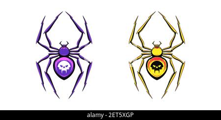 Spider logo with vampire skull and fangs. Black spider silhouette with sharp limbs, poisonous spidery insect. Set of logotypes for gaming design and c Stock Vector