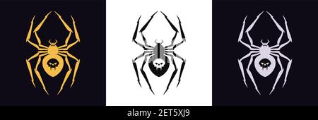 Spider logo with vampire skull and fangs. Golden, black and silver spider silhouette with sharp limbs, poisonous spidery insect. Set of tattoo and log Stock Vector