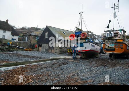 Cadgwith cove, Cornwall, UK. 1st March, 2021. The old buildings are at Cadgwith Cove, used by the fishermen landing at the harbour to store their gear and process their catch. They also house a popular art gallery and two shops selling fresh fish, while in the summer the hugely popular fish barbecues are held outside them. Cadgwith Fishing Cove Trust is trying to raise £300,000 to buy those two buildings to protect them from any future development. Credit: kathleen white/Alamy Live News Stock Photo