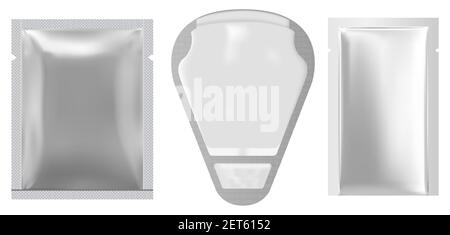 Napkin package. Face mask sachet mockup. Silver packet, wet wipe pack. Foil pouch design mock up, 3d vector. Small flex antibacterial nutrition packag Stock Vector