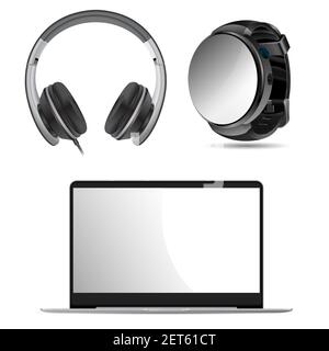 Laptop, headphone, watch mockup. Pc screen, earphone, smart watch black illustration. Digital wirstwatch blank. monitor, headset personal interface te Stock Vector