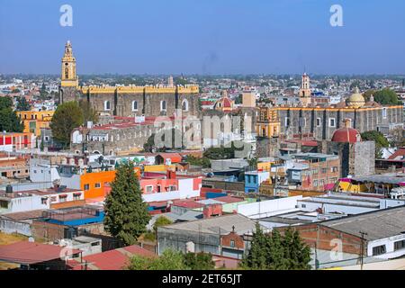 Aerial view over the city Cholula and the 16th century San Gabriel Franciscan Convent / San Gabriel Friary, Puebla, Mexico Stock Photo