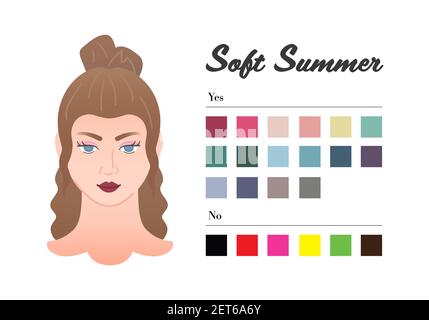 12 seasons Color types for woman - Soft Summer type. Perfect color for your wardrobe. Do and do not colors in 12 season analysis Stock Vector