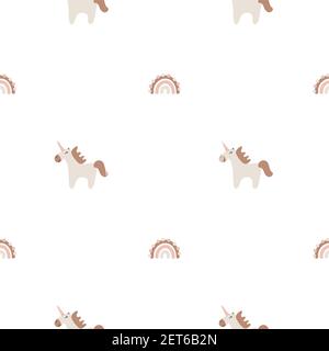 Seamless pattern with funny unicorn, Doodle dots, dashes. Childish girlish drawing. Cute vector illustration for baby textiles and decor Stock Vector