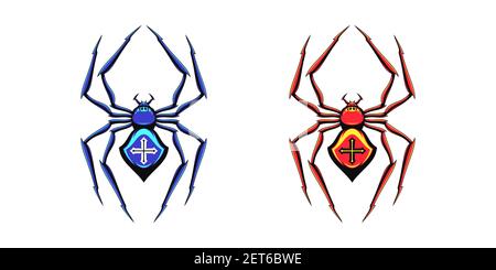 Spider logo with cross. Black spider crosspiece silhouette with sharp limbs, poisonous spidery dagger insect. Set of logotypes for gaming design and c Stock Vector