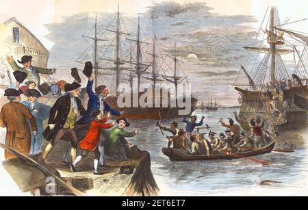 The Destruction Of Tea At Boston Harbor, Hand Coloured Engraving ...