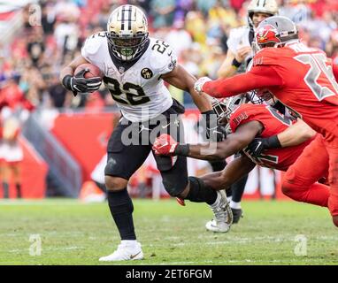 Tampa, Florida, USA. 09th Dec, 2018. New Orleans Saints offensive guard  Andrus Peat (75), New Orleans Saints center Max Unger (60) and New Orleans  Saints offensive guard Larry Warford (67) during the