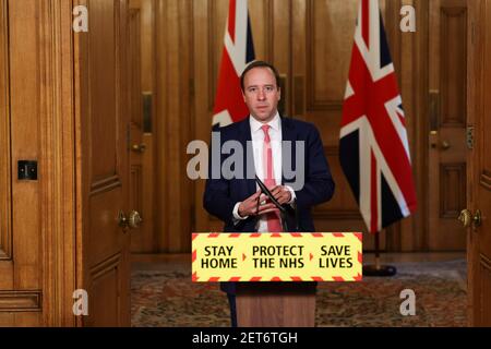 Britain's Health Secretary Matt Hancock holds the daily news briefing on the current COVID-19 situation, from Downing Street in London, Britain March 1, 2021. Ian Vogler/Pool via REUTERS