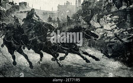 This image shows a chariot race in the Circus Maximus by Ulpiano Fernández-Checa y Sanz (1860 –1916), known as Ulpiano Checa, a Spanish painter, sculptor, poster designer and illustrator. He used both impressionistic and academic techniques, and mainly painted historical subjects. The circus was a specific arena, shaped like a bullet, for the staging of chariot races, the largest of these was the Circus Maximus in Rome.