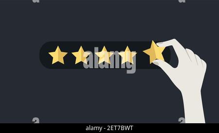Hand putting five gold stars on black background. Five stars quality rating icon. Stock Vector