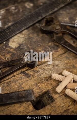 carpenter's tools on a wooden desk Stock Photo