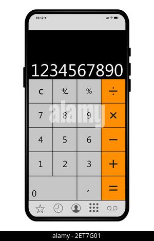 Calculator on smartphone screen. Isolated on white background. Phone with calculator application on the screen. Vector illustration Stock Vector