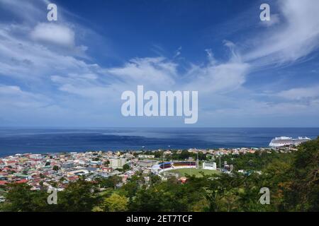 Roseau town landscape and ocean, Dominica island, Caribbean. Stock Photo