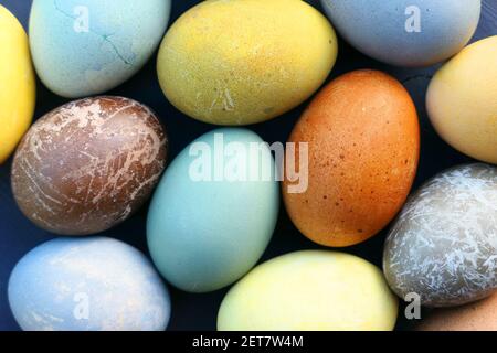 Easter eggs colorful collection. Natural dyed Easter eggs background. Stock Photo